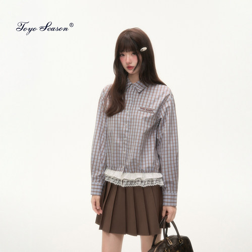 东京岁时记jk蓝色格子长袖衬衫女