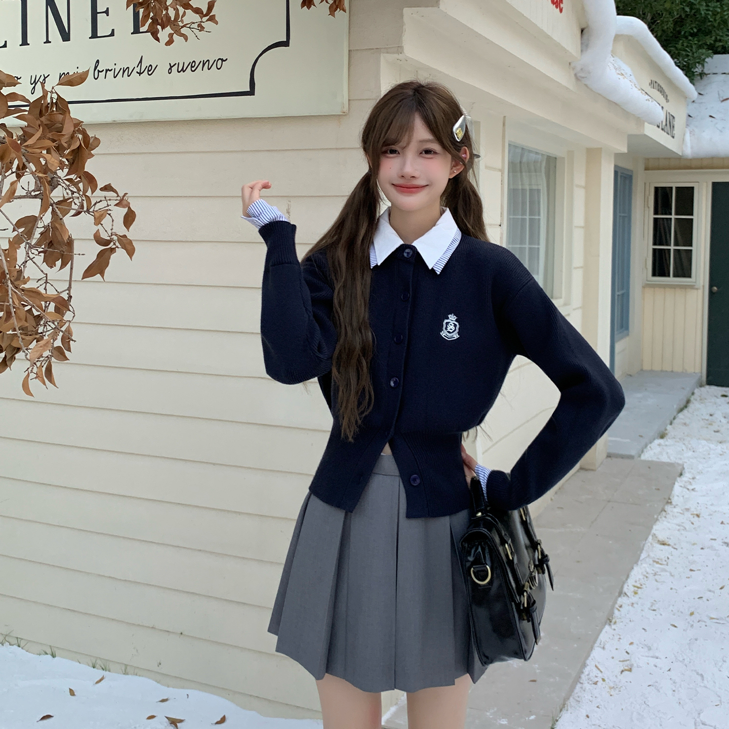 学院风假两件针织开衫毛衣