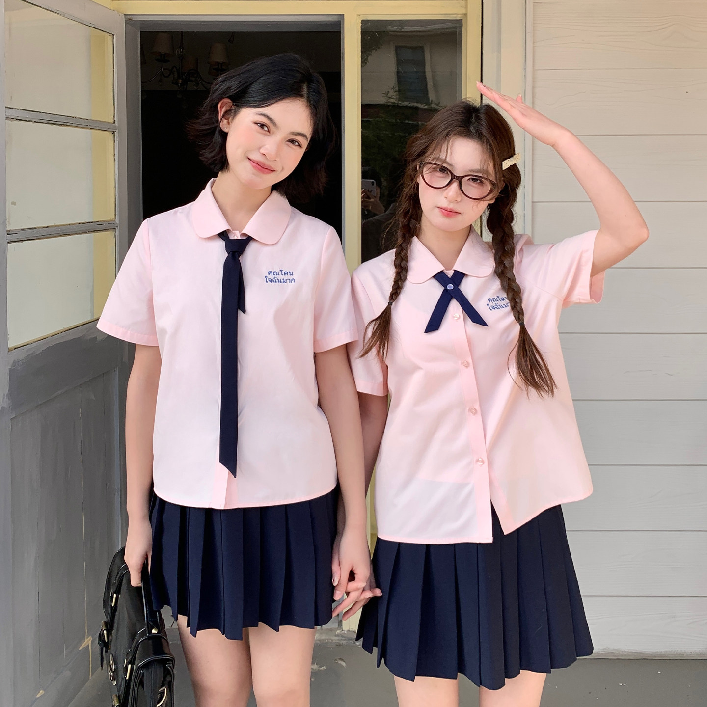 东京岁时记jk原创粉色圆领衬衫上衣女夏甜美泰式校服短袖制服套装