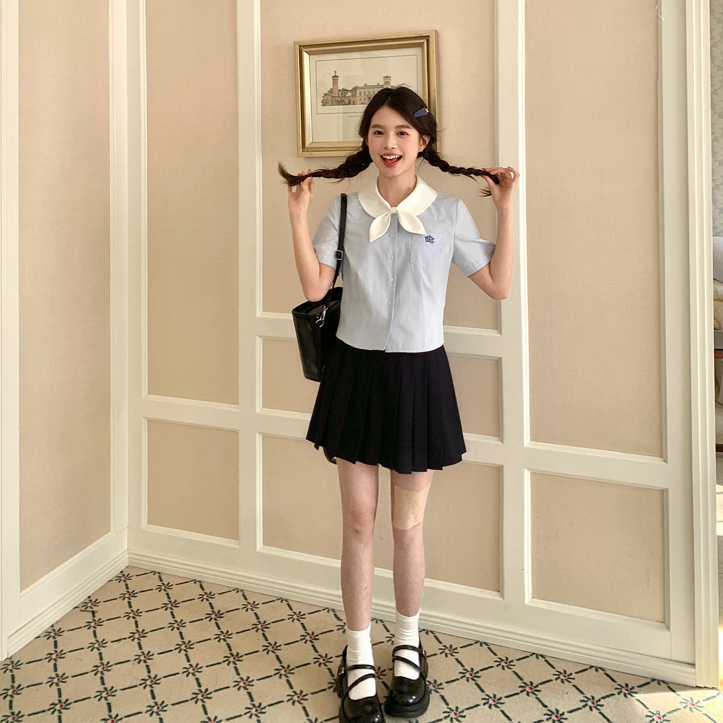 东京岁时记jk制服可爱日系娃娃领衬衫女夏小个子蓝色条纹短袖上衣