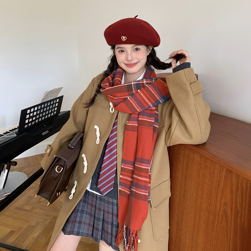 夹棉长款驼色翻领牛角扣大衣