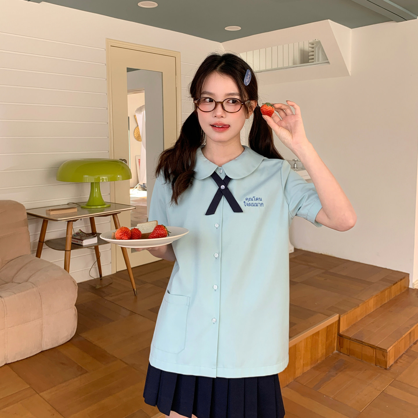 东京岁时记jk泰式校园薄荷绿短袖衬衫女夏季小个子学院风制服上衣