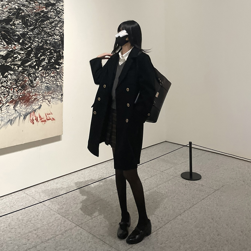 jk学院风毛绒大衣黑色双排扣