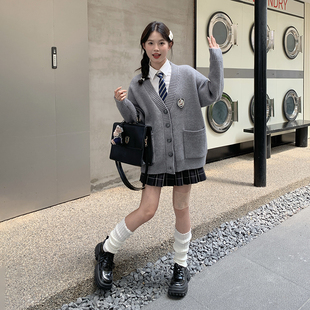 毛衣外套灰色慵懒风宽松针织开衫 东京岁时记jk制服套装 格裙两件套