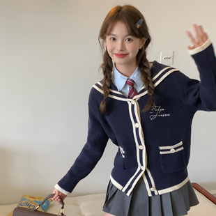 东京岁时记jk秋冬新款 海军领翻领毛衣藏青色小个子学院风针织开衫