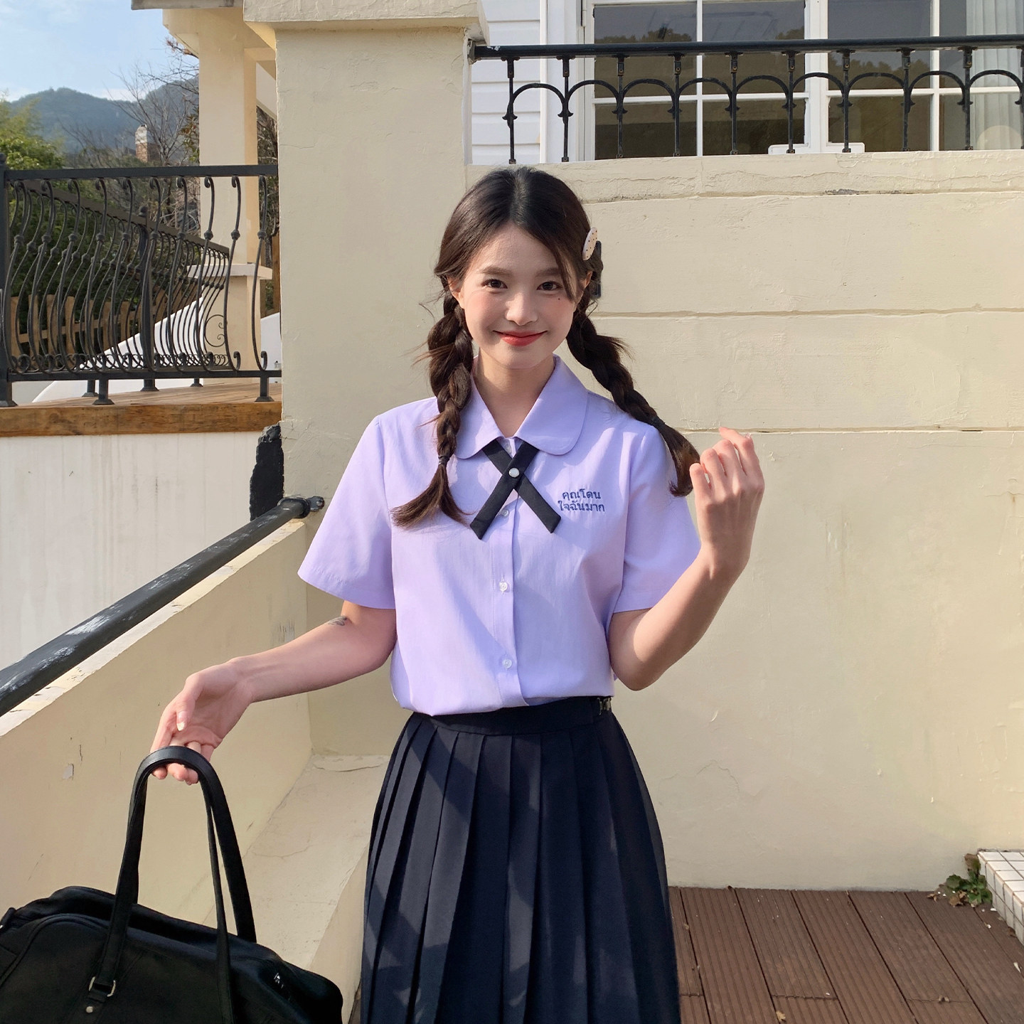 东京岁时记jk制服紫色短袖衬衫女夏小个子泰式学院风百褶长裙套装