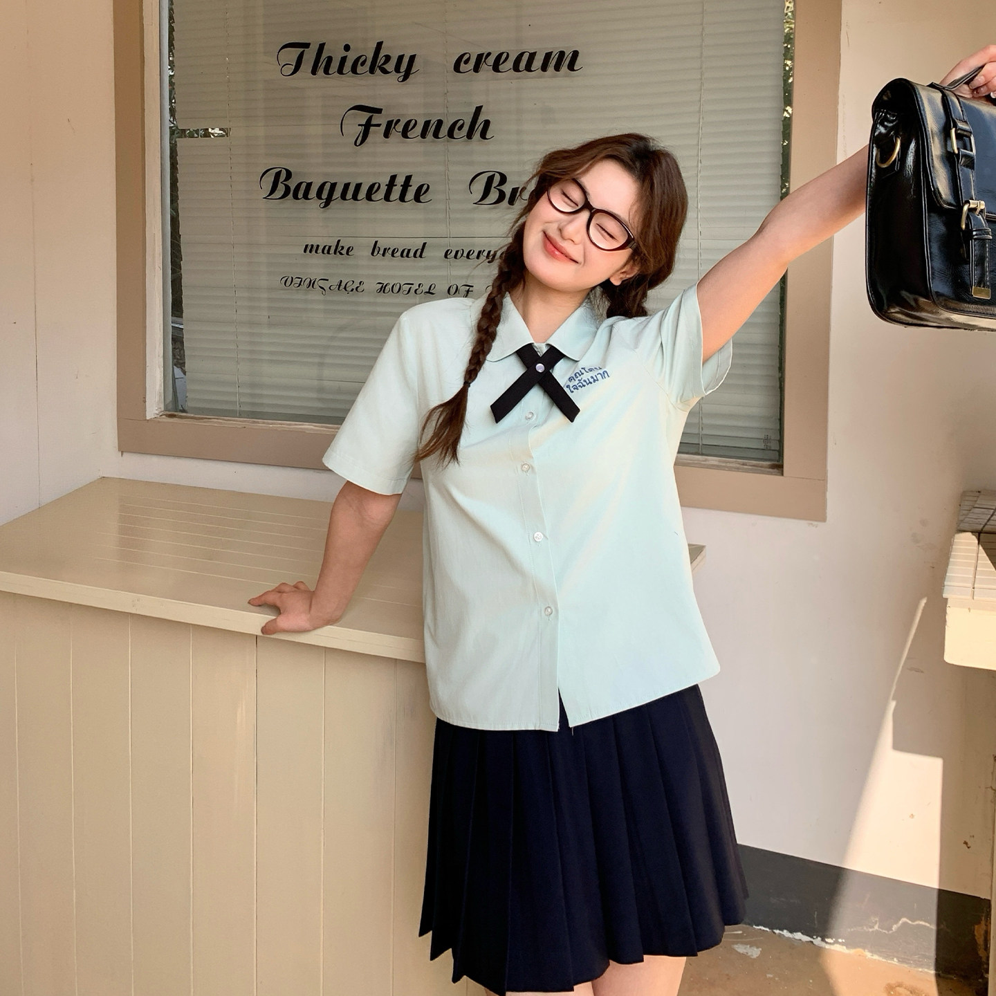 东京岁时记jk制服毕业季泰式短袖衬衫女夏校供学院风绿色校服衬衣