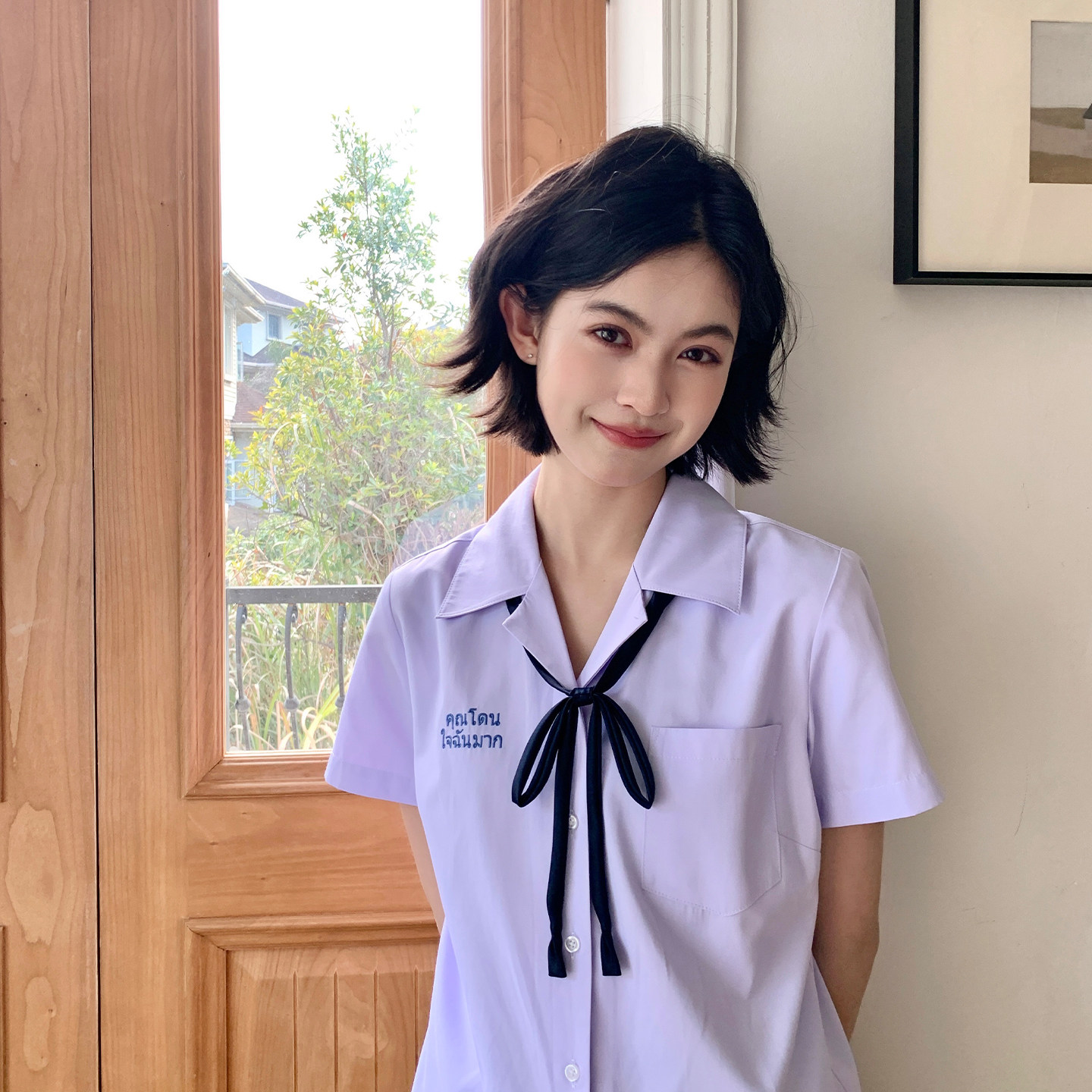 东京岁时记jk制服原创紫色泰式学院风衬衫女夏短袖西装领上衣套装