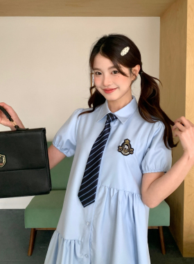 东京岁时记jk学院风刺绣徽章浅蓝色短袖连衣裙小个子夏季衬衫裙女