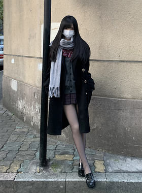 东京岁时记jk学院风大衣毛呢外套黑色双排扣毛绒外套冬款津南女大