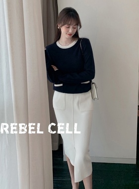 REBEL CELL法式气质女神范炸街针织套装秋款白色开叉半身裙两件套