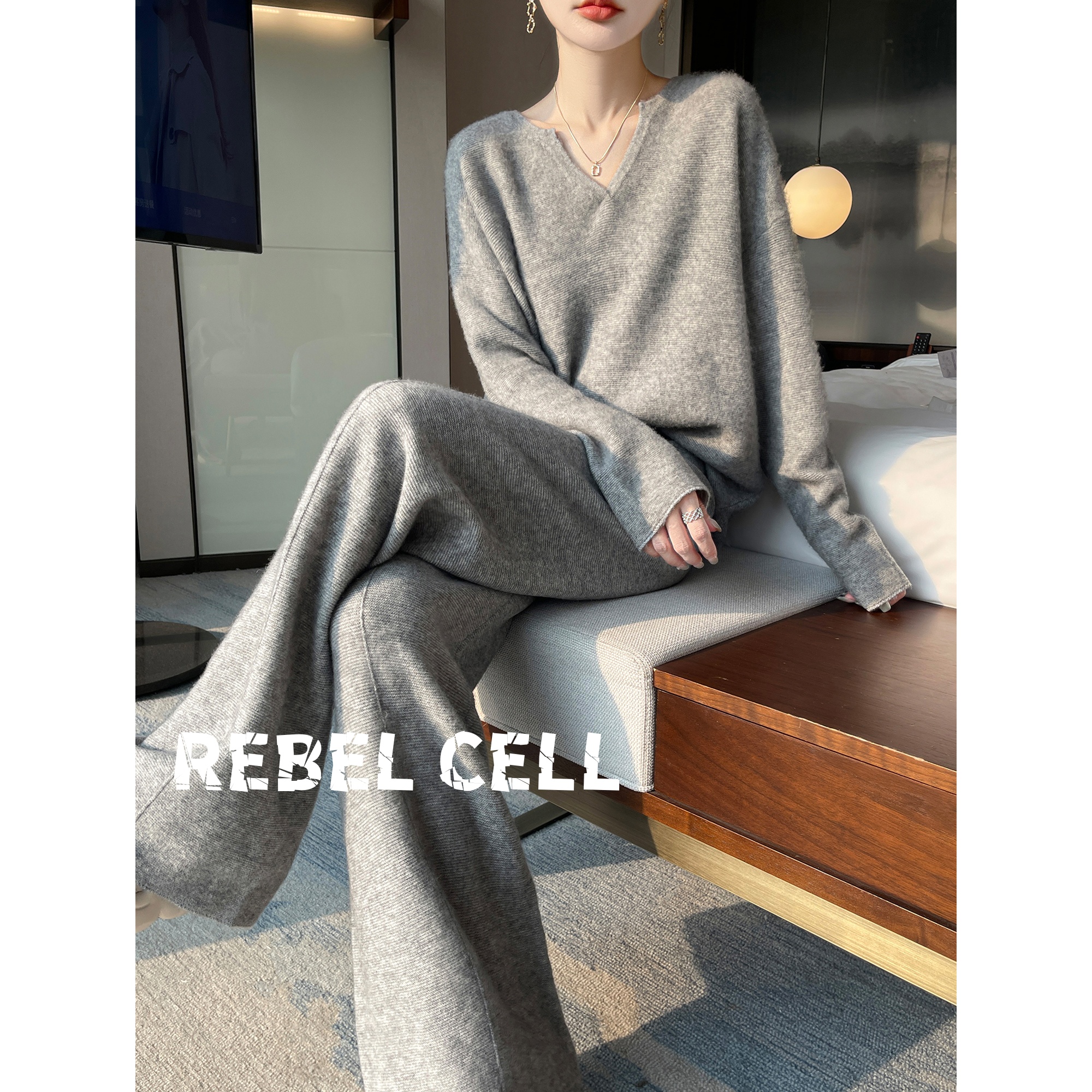 慵懒风简约阔腿裤两件套秋