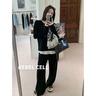REBEL 秋冬新款 时髦阔腿裤 两件套 CELL气质轻奢高级假两件针织套装