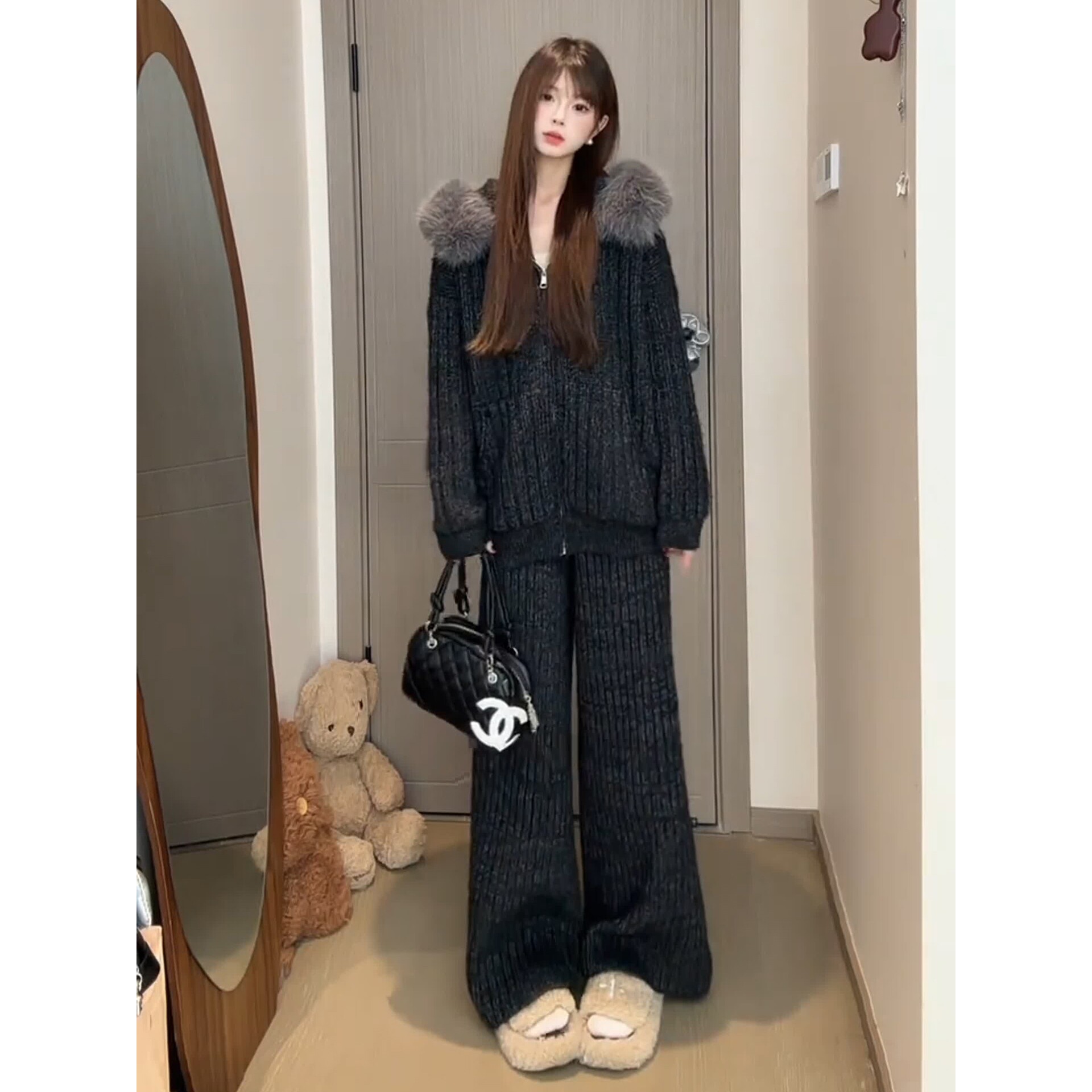 休闲复古套装秋冬新款针织衫带毛茸帽子阔腿裤两件套百搭日常显瘦图片