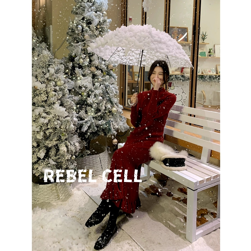 REBEL CELL优雅风连衣裙秋冬新款针织长裙荷叶裙摆设计感百搭日常