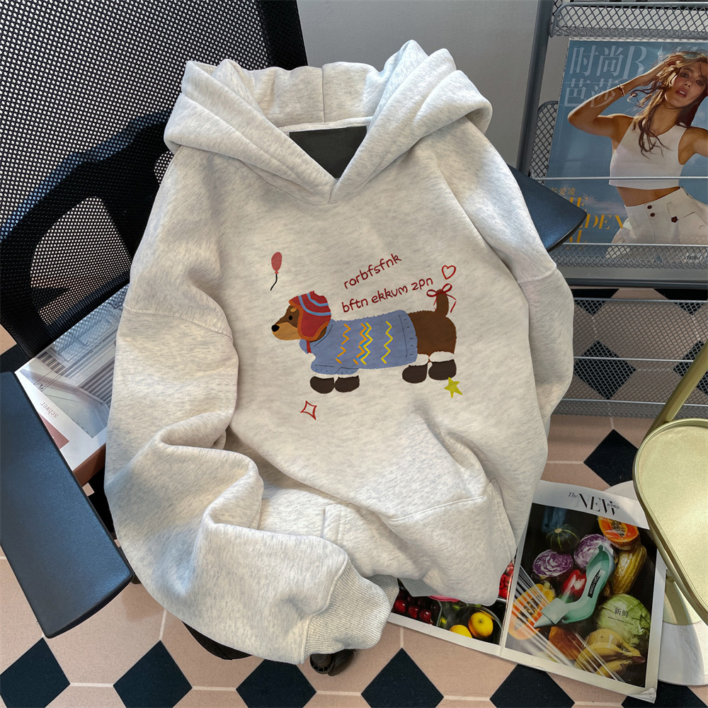 秋冬装女童纯棉慵懒腊肠狗连帽卫衣加绒儿童oversize宽松上衣外套