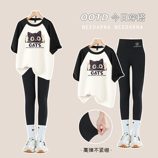 女童纯棉短袖T恤套装夏季2025新款卡通小猫大童鲨鱼裤上衣两件套