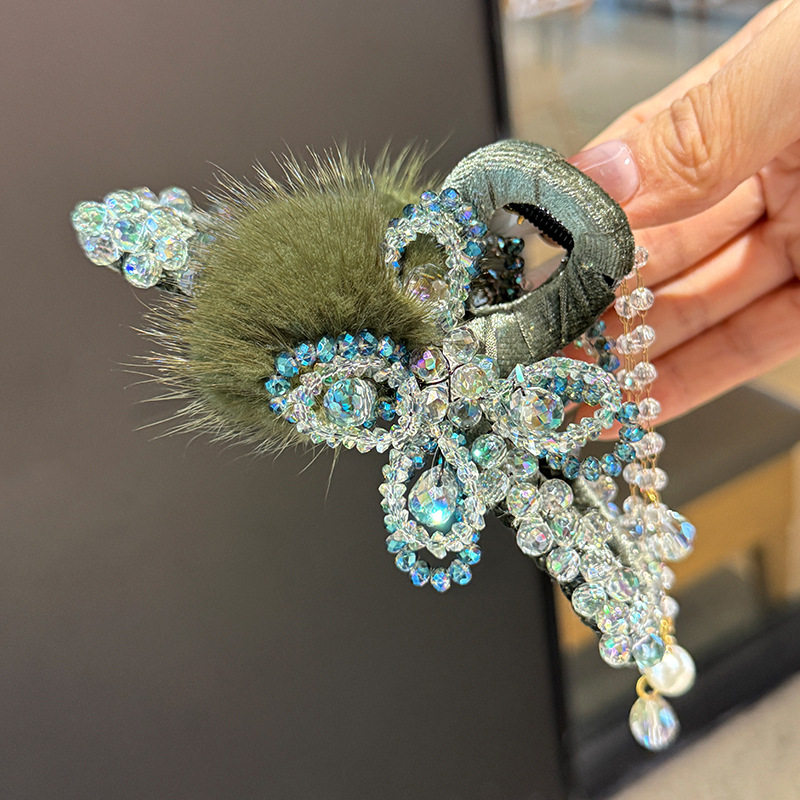 高级感森系绿色水晶蝴蝶抓夹流苏貂毛后脑盘发鲨鱼夹气质优雅头饰,饰品/流行首饰/时尚饰品新,民族风发饰,淘宝优惠券,粉丝福利购,淘宝优惠卷