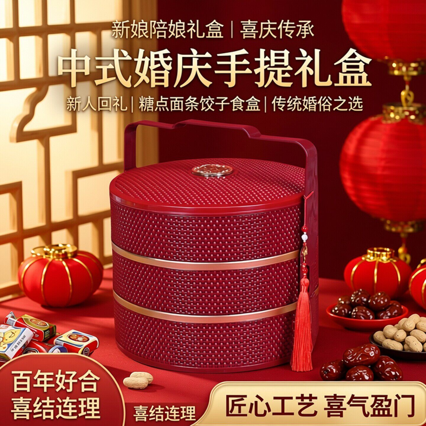 订婚结婚喜糖盒手提饺子盒大容量伴手礼盒婚庆回礼糖果盒中式礼盒
