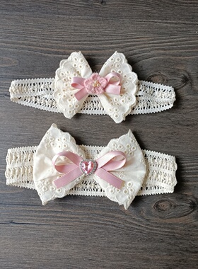 婴儿蝴蝶结发带女宝宝蕾丝刺绣发饰婴幼儿满月百天新年公主头饰