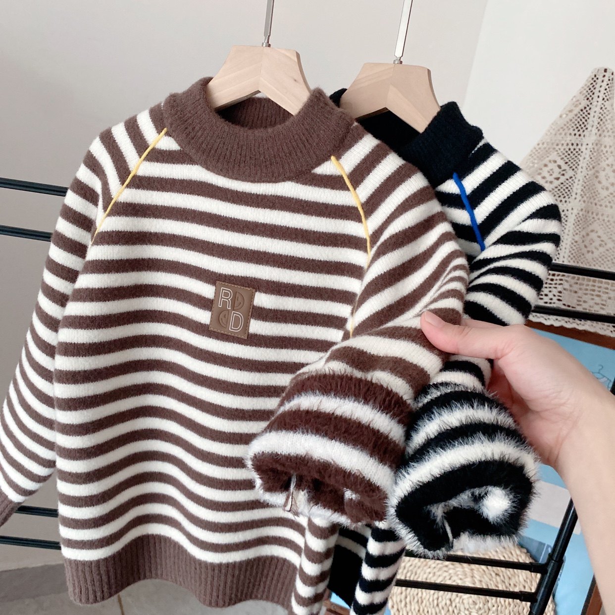 儿童毛衣一体绒加厚保暖男童打底衫秋冬款男孩条纹内搭宝宝羊毛衫,童装/婴儿装/亲子装,毛衣/针织衫,淘宝优惠券,粉丝福利购,淘宝优惠卷