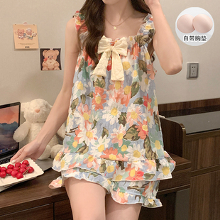 带胸垫睡衣女夏季 吊带短裤 云朵棉网红薄款 可爱甜美花朵家居服套装
