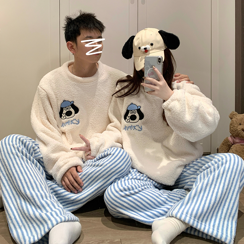 珊瑚绒情侣睡衣女秋冬季保暖厚款圆领套头男女宽松冬款家居服套装
