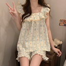 可爱甜美卡通家居服套装 带胸垫睡衣女夏季 云朵棉布薄款 无袖 小飞袖