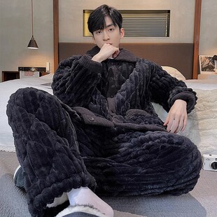 【现货超厚保暖】珊瑚绒夹棉睡衣男士冬季三层加厚冬款家居服套装