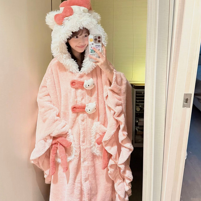 珊瑚绒睡袍女冬季睡衣连帽披风可爱卡通KT猫2025新网红冬款家居服