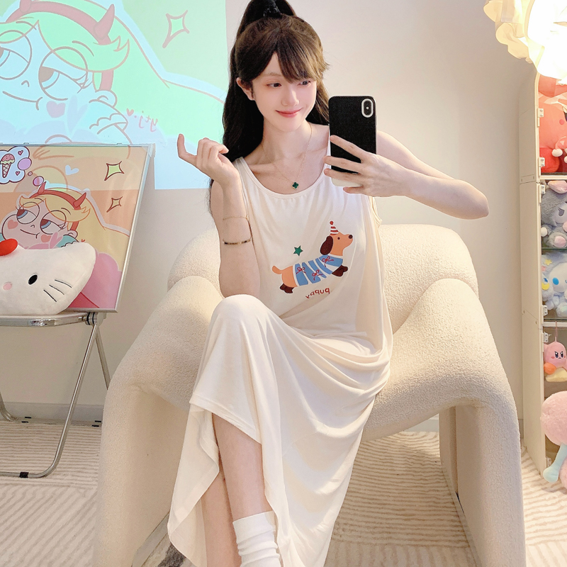 莫代尔背心睡裙女夏季睡衣无袖带胸垫薄夏款可爱腊肠狗休闲家居服