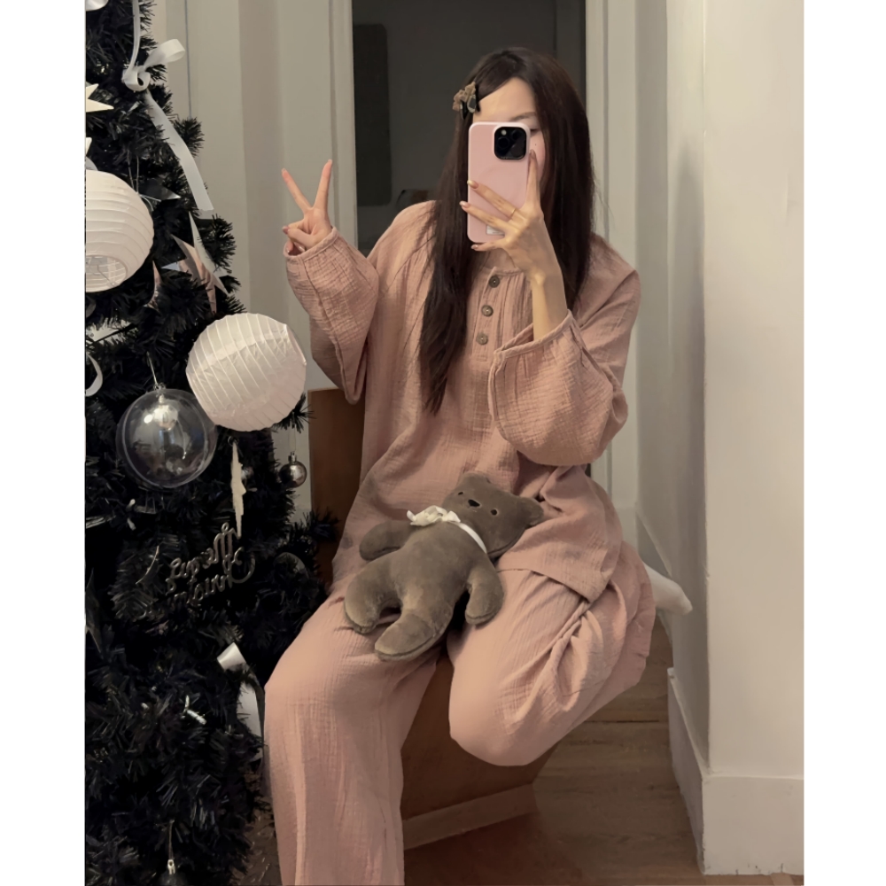 婴儿棉纱睡衣女款春秋季长袖圆领套头全棉100%纯棉双层家居服套装