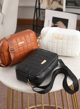 时尚格纹绣花相机包2024简约ladies bags亮片装饰纯色女士斜挎包