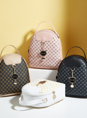 休闲女生双肩包2024leatherback印花撞色日本韩国风猫头小背包