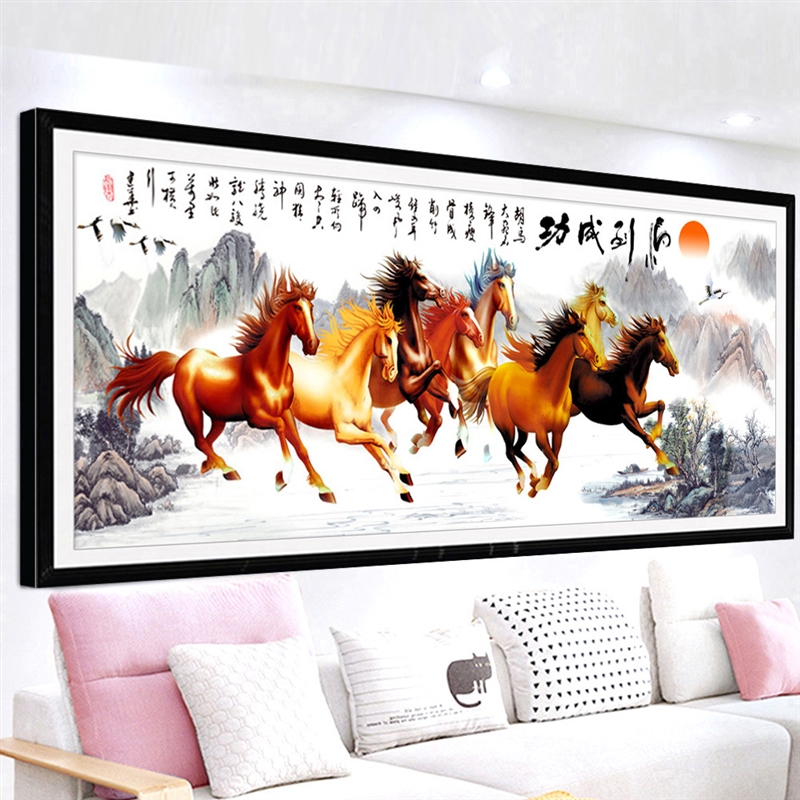 2023精准印花十字绣八骏图马到成功新款客厅大画满绣自己绣简单款