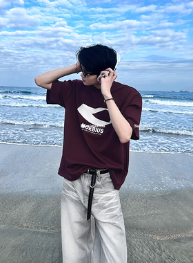 池边树/美式复古小众简约圆领纯色印花T恤高级感宽松休闲百搭半袖