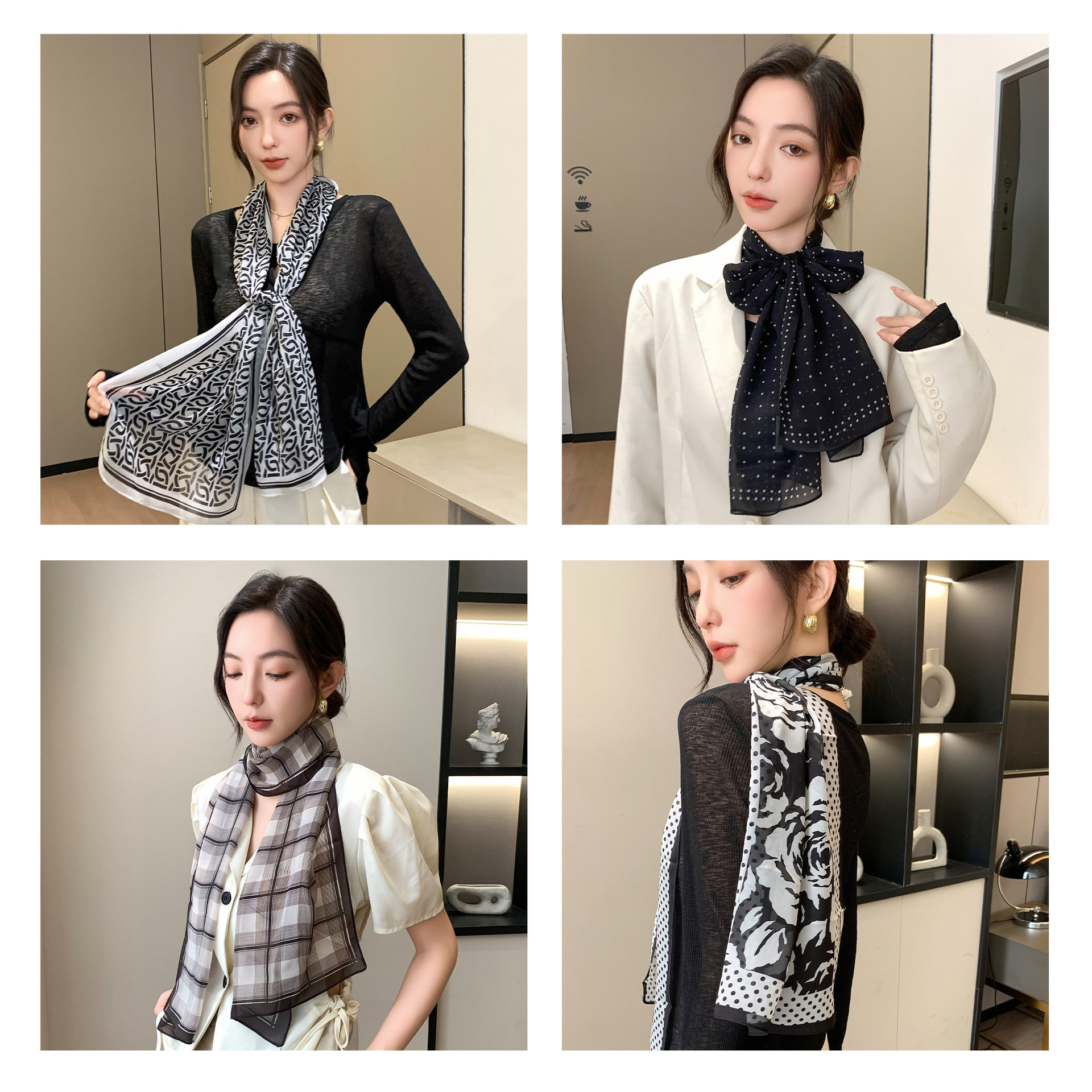 25秋新款韩系绒雪纺丝巾女轻薄法式波点领巾防晒头巾腰带装饰围巾