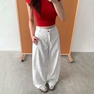 美式白色休闲工装裤女夏季2026新宽松显瘦夏天薄款弯刀直筒阔腿裤
