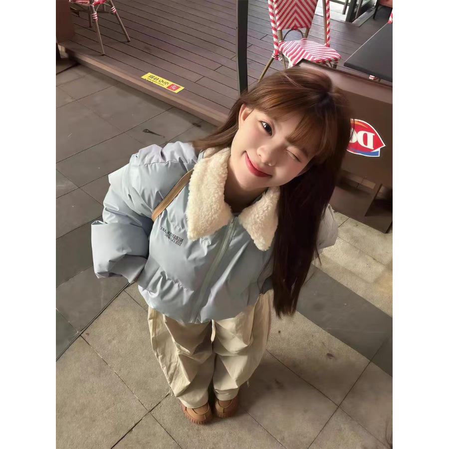 美式复古蓝色毛领短款棉服外套