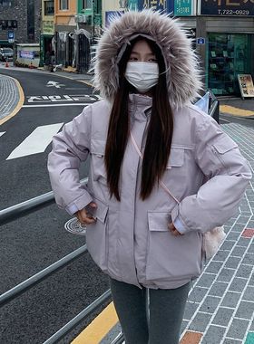 紫色毛领棉服女2025年韩系冬季新款设计感宽松工装派克服棉袄外套