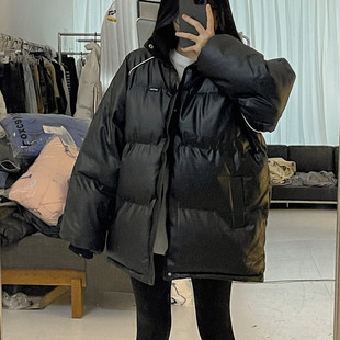 大码胖mm大码PU皮棉服女新款港风加厚保暖棉衣ins韩版立领面包服