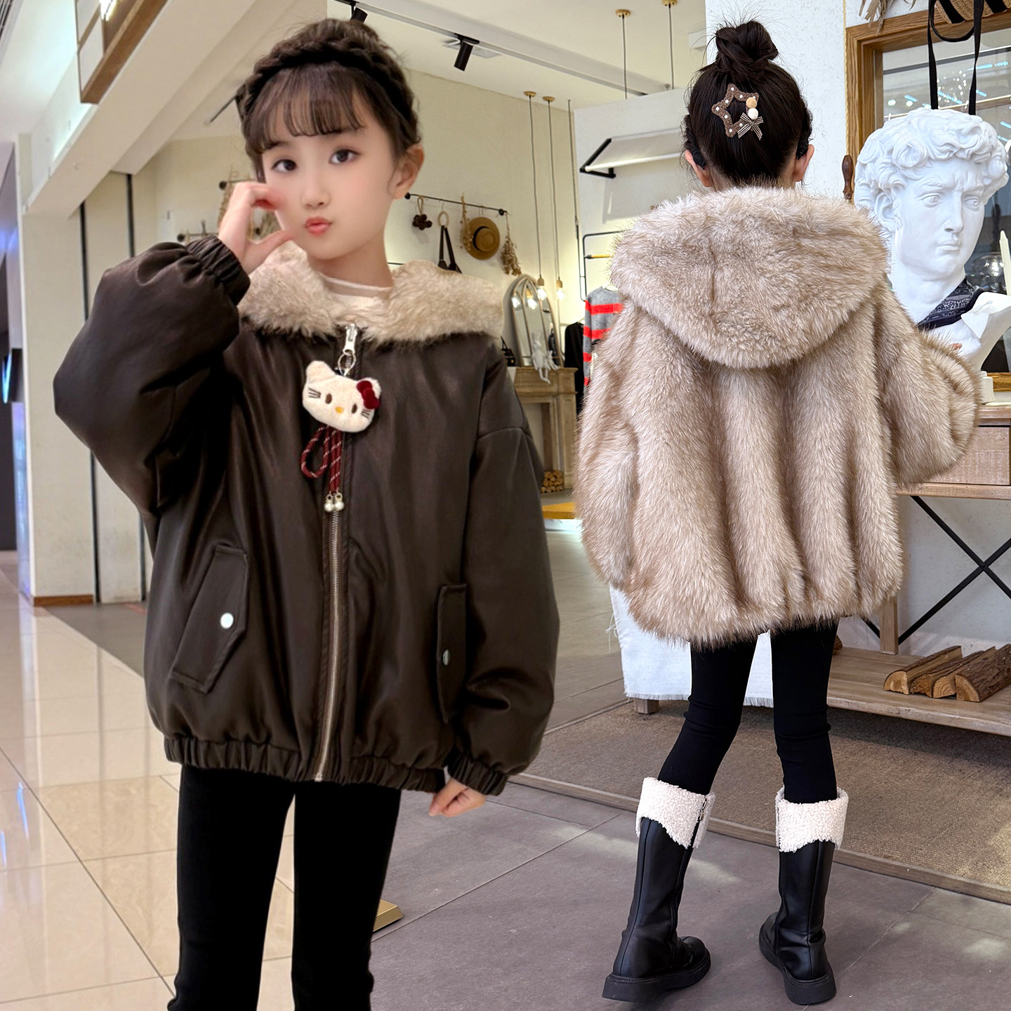 女童双面穿加绒皮衣冬季儿童仿皮毛一体连帽棉服加厚保暖毛毛外套