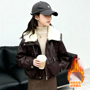 女童酷飒翻领加绒皮衣短款外套秋冬新款儿童时尚保暖机车PU皮夹克