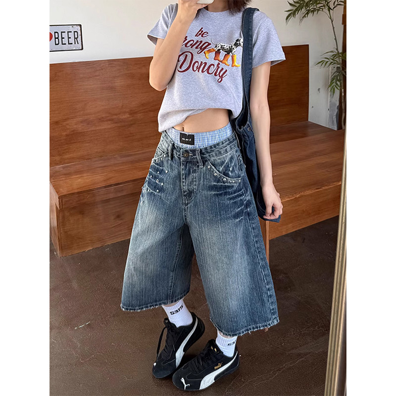 美式闪电纹水洗牛仔七分裤女2026夏季新款高腰直筒阔腿中裤短裤