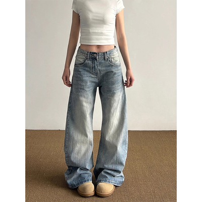 美式宽松水洗竹节纹弯刀牛仔裤