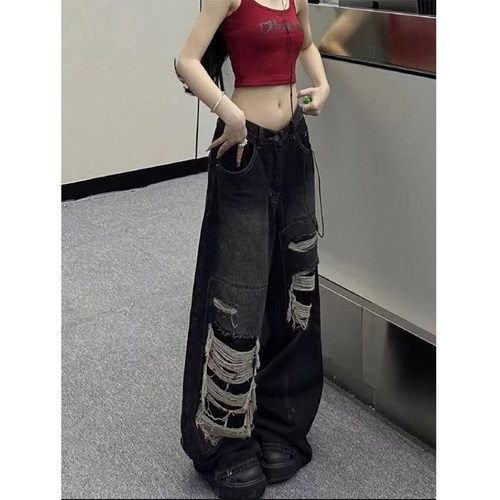 辣妹宽松直筒破洞牛仔裤女