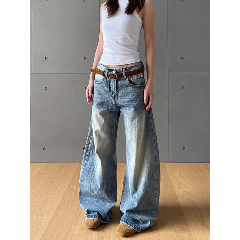 美式复古直筒水洗弯刀牛仔裤女2025秋季新款高腰宽松显瘦阔腿裤子,女装/女士精品,牛仔裤,淘宝优惠券,粉丝福利购,淘宝优惠卷