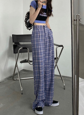 【清仓】紫色格子垂感加绒休闲裤女2025春季新款宽松阔腿长裤
