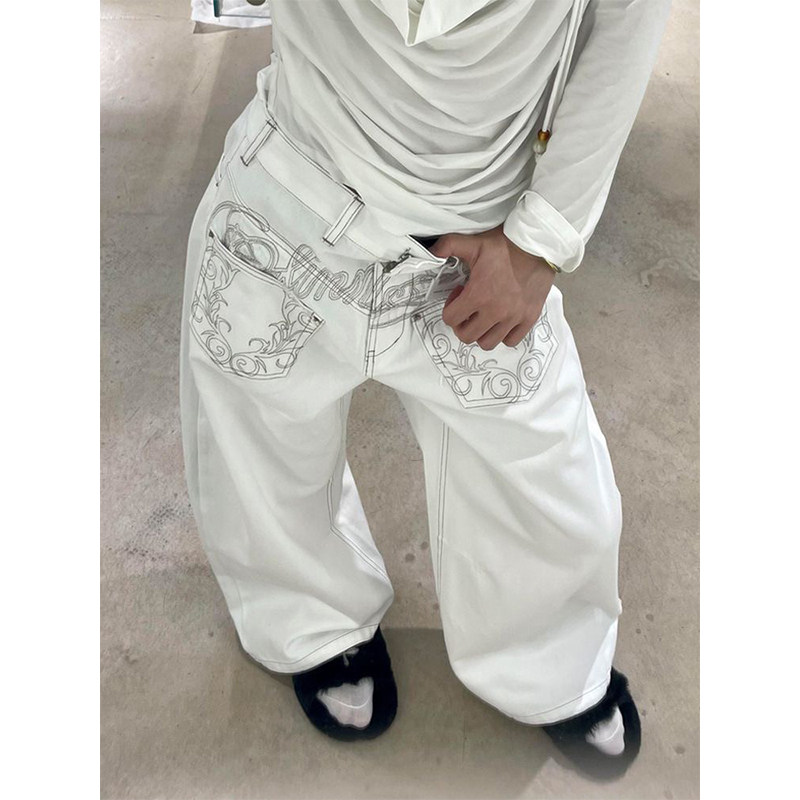 美式复古个性反穿刺绣牛仔裤女2026春季新款高腰宽松直筒阔腿裤子,女装/女士精品,牛仔裤,淘宝优惠券,粉丝福利购,淘宝优惠卷