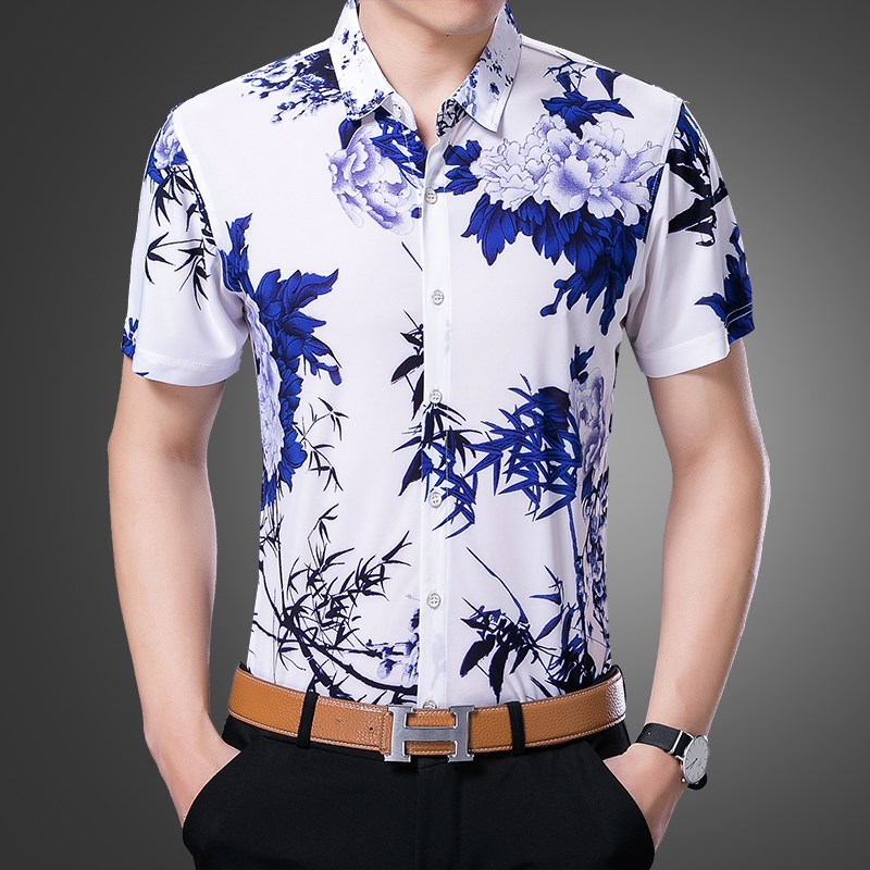 Mulberry silk short sleeve flower shirt mens blue and white porcelain Chinese style printing summer thin silk half sleeve flower shirt fashion